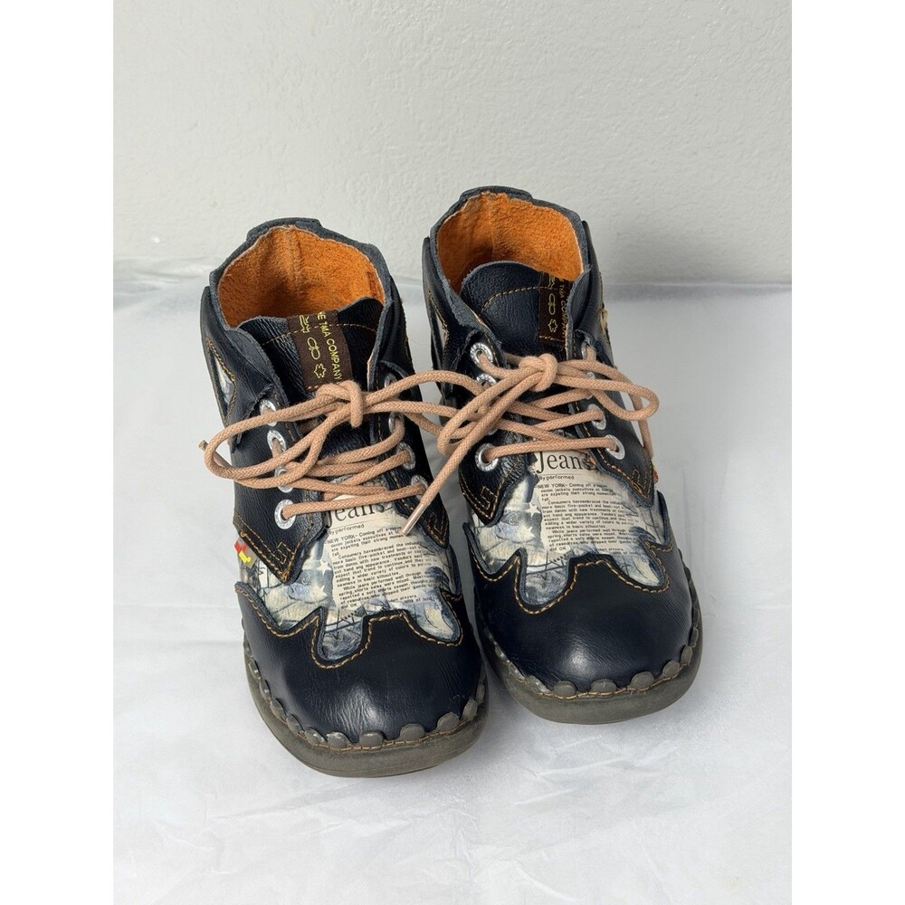 TMA EYES Women Newspaper Print Leather Ankle Boots Shoes Black Size 37 US 7